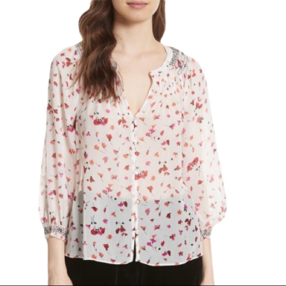 Joie Gontilda Silk Pink Floral Printed Semi Sheer Smocked Pintucked Blouse - M